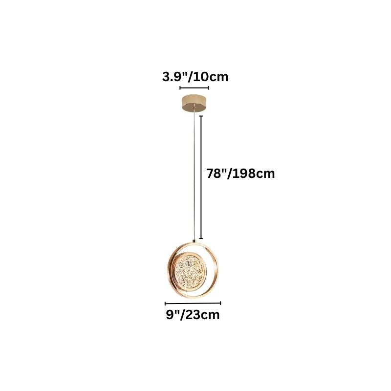 "A gold ring pendant light with a crystal-like center, shown against a white background with dimension measurements."