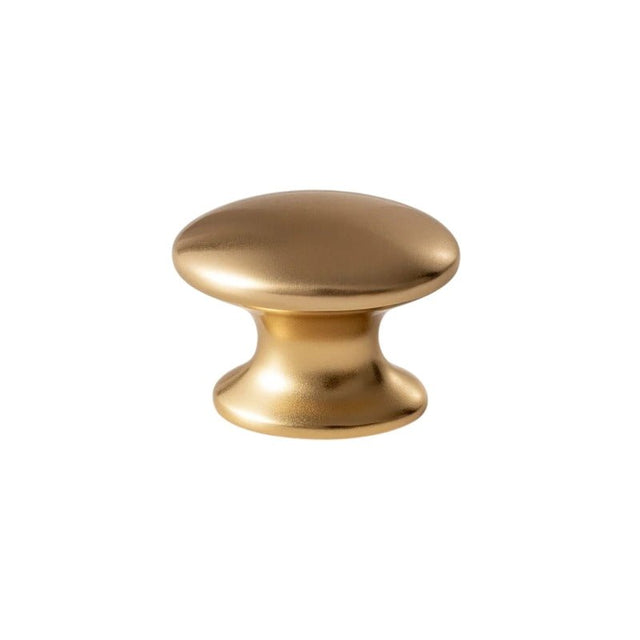 "Smooth, oval-shaped gold brass cabinet knob with white background."