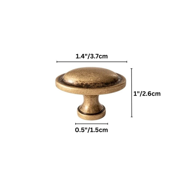"Dimensions diagram of a vintage solid brass knob with a smooth oval design, showing measurements."