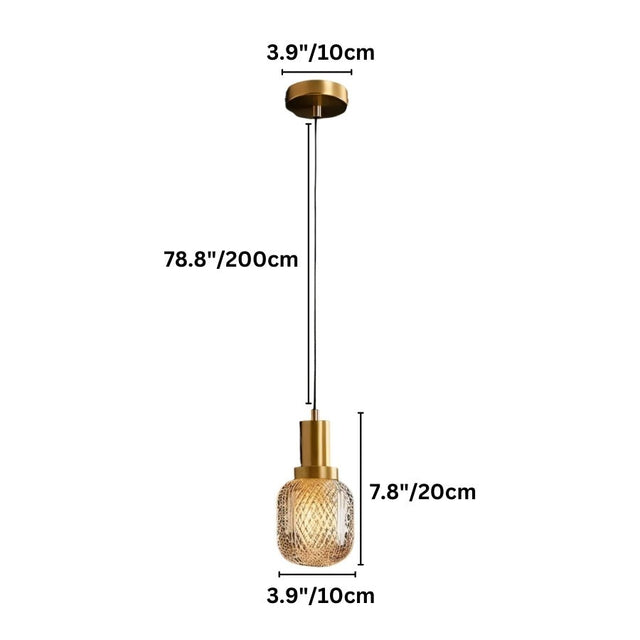 "Dimensions of a modern pendant light with a brass base and patterned glass shade: 78.8 inches in maximum height, 3.9 inches wide at the canopy, 7.8 inches wide at the shade, and 3.9 inches deep."