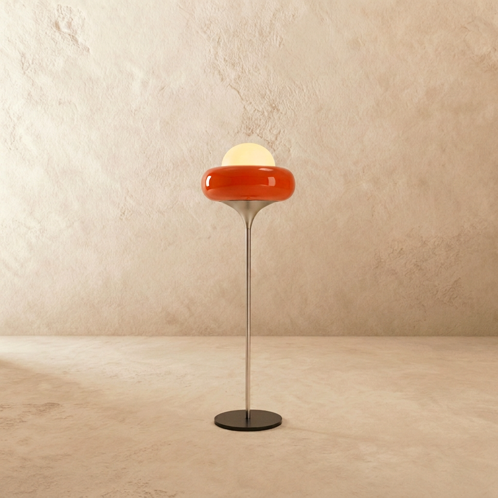 Modern floor lamp with orange glass shade and spherical top, black metal base, styled in warm brown interior with green chair