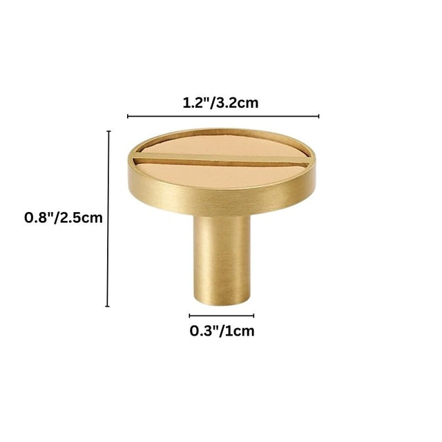 "Dimensions of a circular brass knob with a tan leather inlay and central bar."