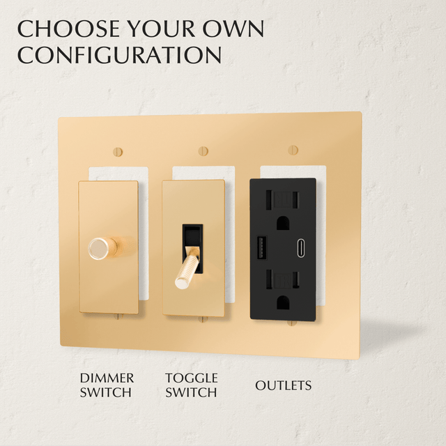 Custom Brass Light Switch (Build Your Own) with dimmer, toggle switch, and outlet options in a 3-gang brass plate for personalized configurations.