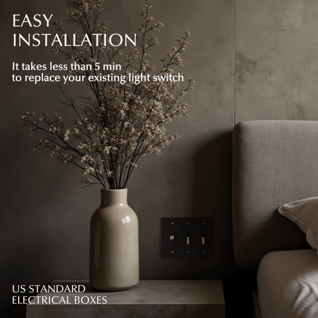 Custom Brass Light Switch (Build Your Own) installed in a modern bedroom, highlighting easy 5-minute installation with US standard electrical boxes.