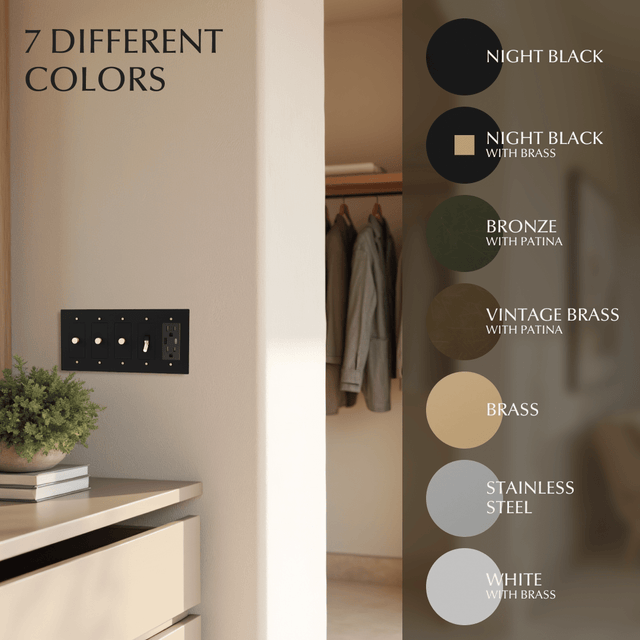 Custom Brass Light Switch (Build Your Own) available in 7 finishes including black, bronze, vintage brass, stainless steel, and white with brass.