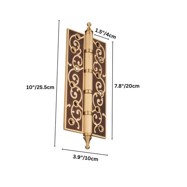 "Brass door hinge with ornate scrollwork design, labeled with dimensions: 10 inches height, 3.9 inches width, 7.8 inches overall width when open, and 1.5 inches thickness."