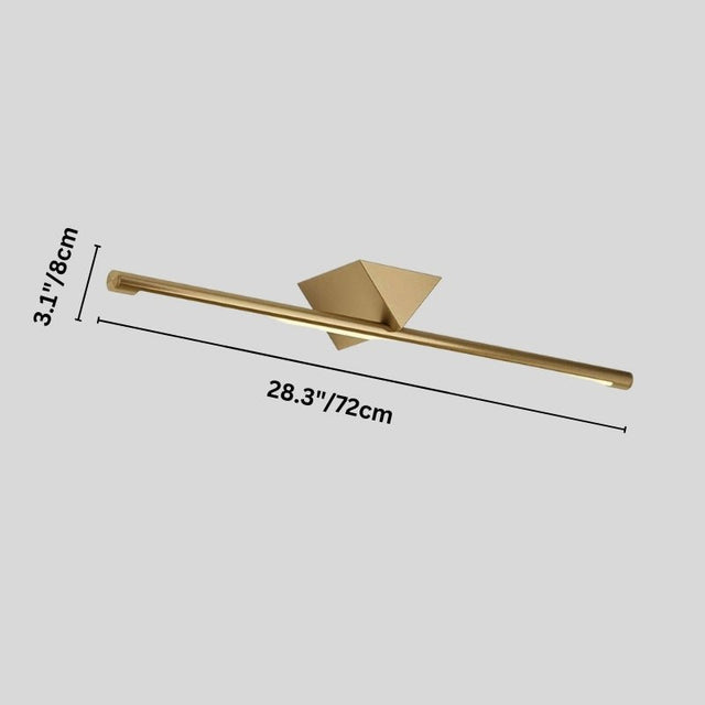 "A modern, linear LED wall lamp with a geometric accent and labeled dimensions, showcasing its sleek design and size."