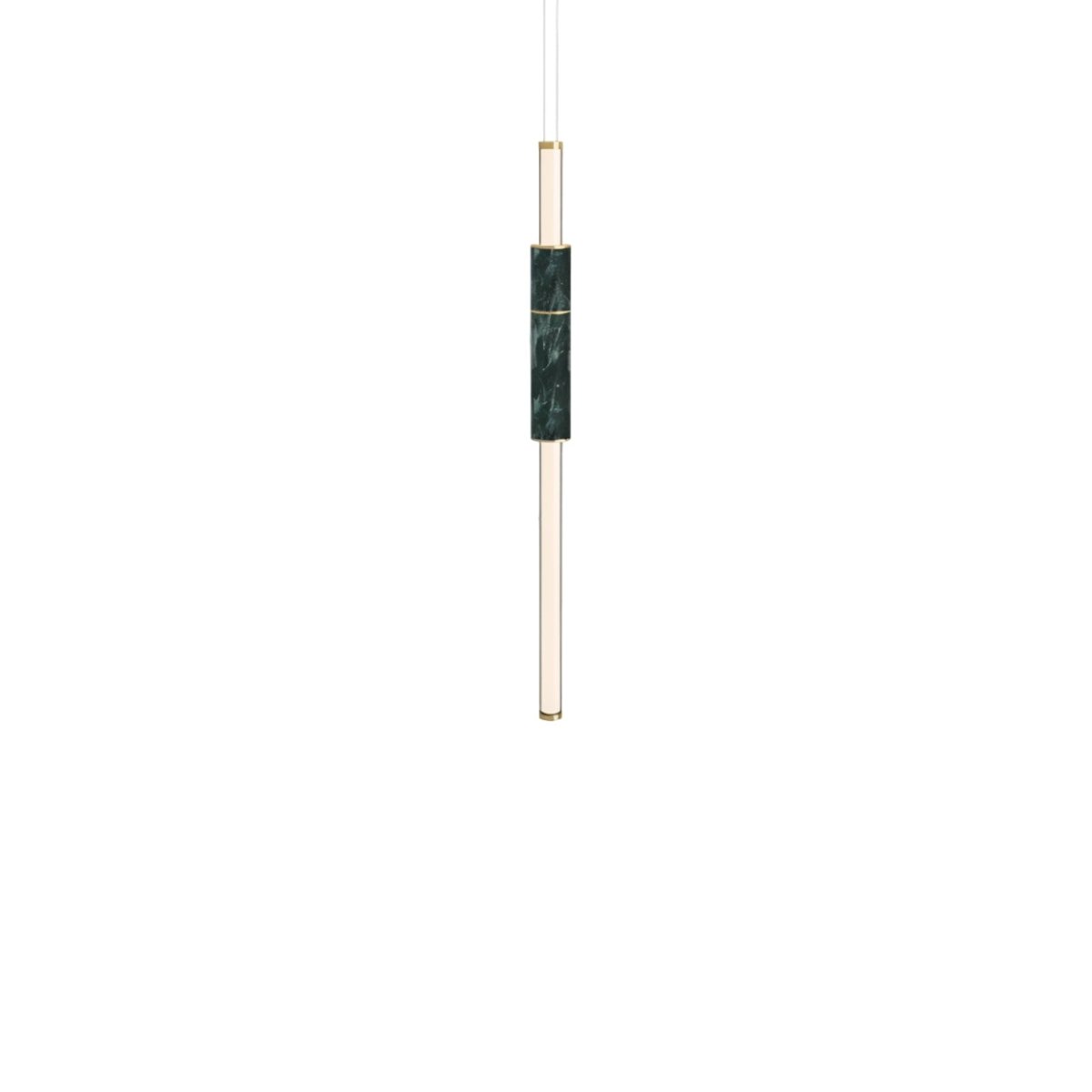 "Contemporary vertical pendant light with a geometric design, featuring acrylic tubes and a marble accent."