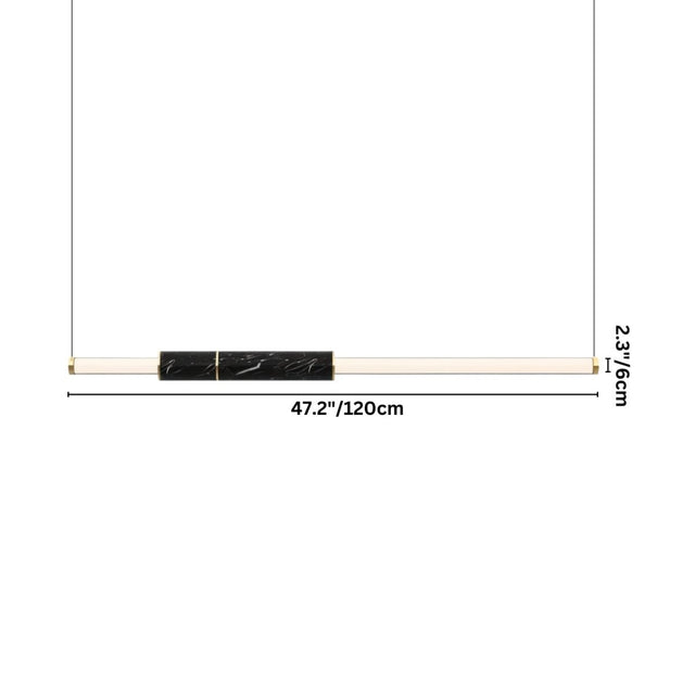"Dimensions of a modern geometric pendant light with acrylic tubes, marble accents, and a steel frame."