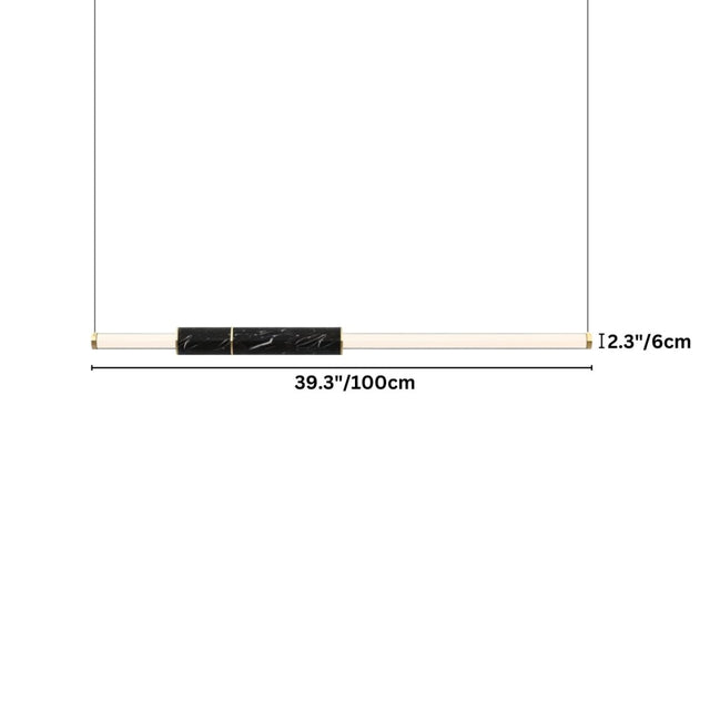 "Dimensions of a modern pendant light with a linear design, featuring acrylic tubes, marble accents, and a steel frame."