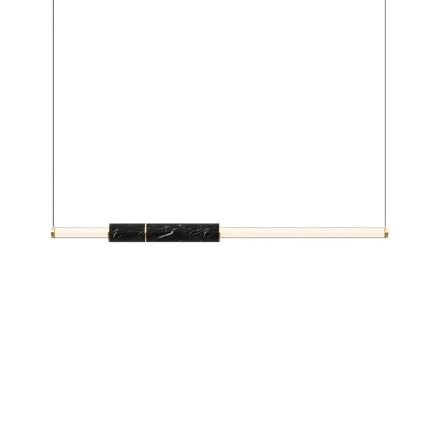"Modern pendant light with a linear design, featuring a marble accent, acrylic tubes, and a steel frame."