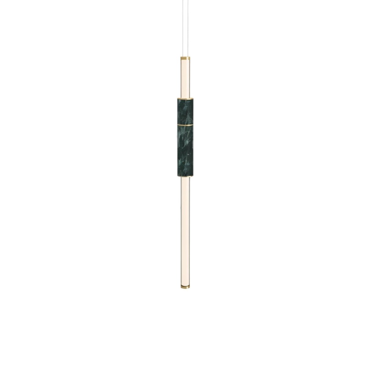 "Modern vertical pendant light with a geometric design, featuring acrylic tubes and a marble accent."