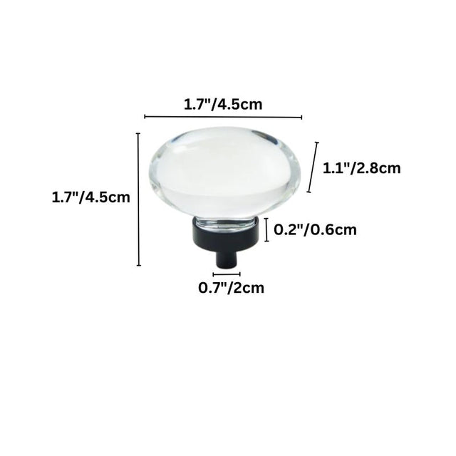 "Dimensions of a clear crystal glass oval knob: 1.7 inches (4.5 cm) height, 1.1 inches (2.8 cm) width, 0.7 inches (2 cm) base diameter, and 0.2 inches (0.6 cm) base height."