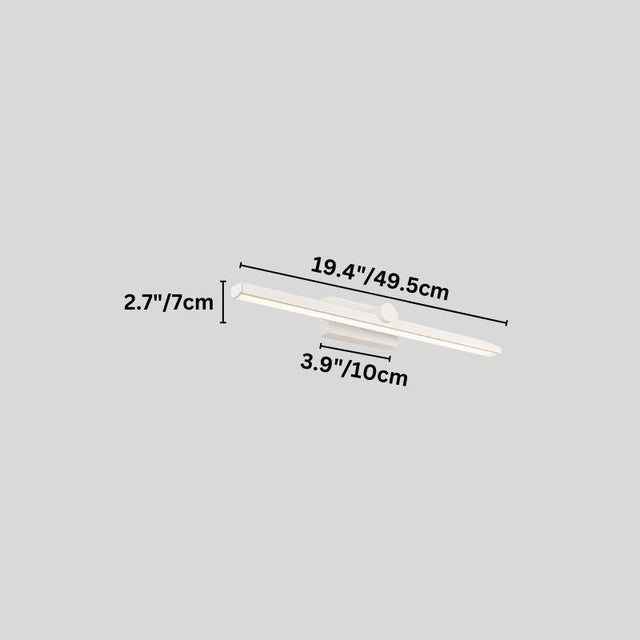 "A white wall lamp with a minimalist linear design, 49.5cm in length, showing detailed dimensions in inches and centimeters on a grey background."