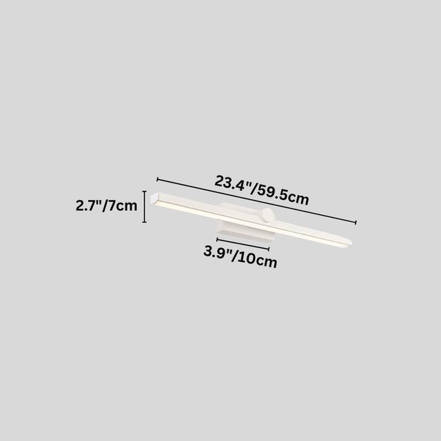 "A white wall lamp with a minimalist linear design, 59.5cm in length, showing detailed dimensions in inches and centimeters on a grey background."