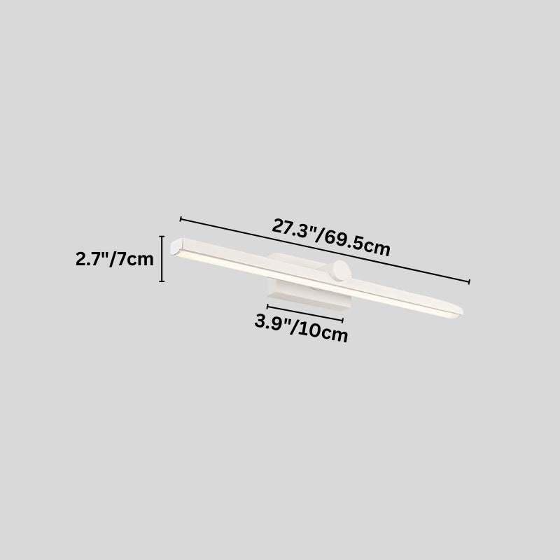 "A white wall lamp with a minimalist linear design, showing dimensions in inches and centimeters on a grey background."