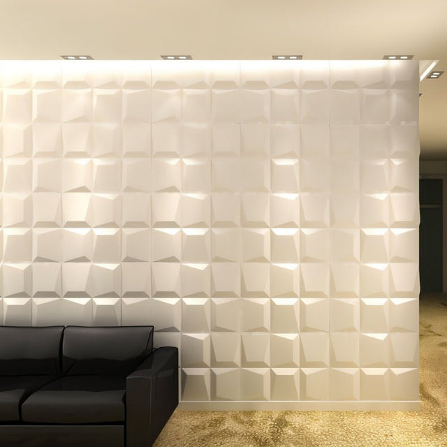Durven Wall Panel– Stylish, Durable, Waterproof Design applied to a living room wall with recessed lighting and a black sofa.