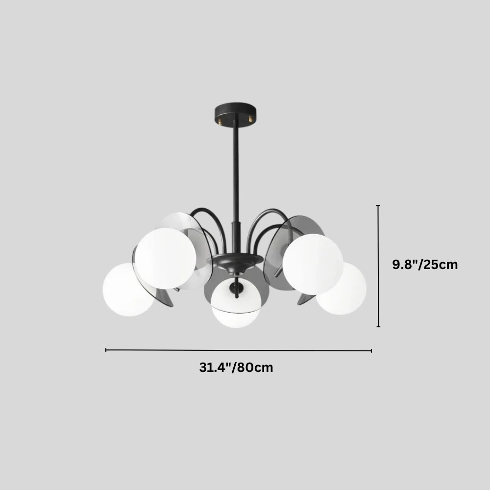 "Copper Dyana chandelier with dimensions showing 9.8 inches/25 cm height and 31.4 inches/80 cm width."