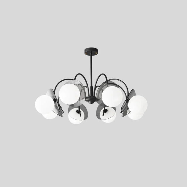 "Copper Dyana chandelier with eight frosted glass globes and curved arms, isolated on a light grey background."