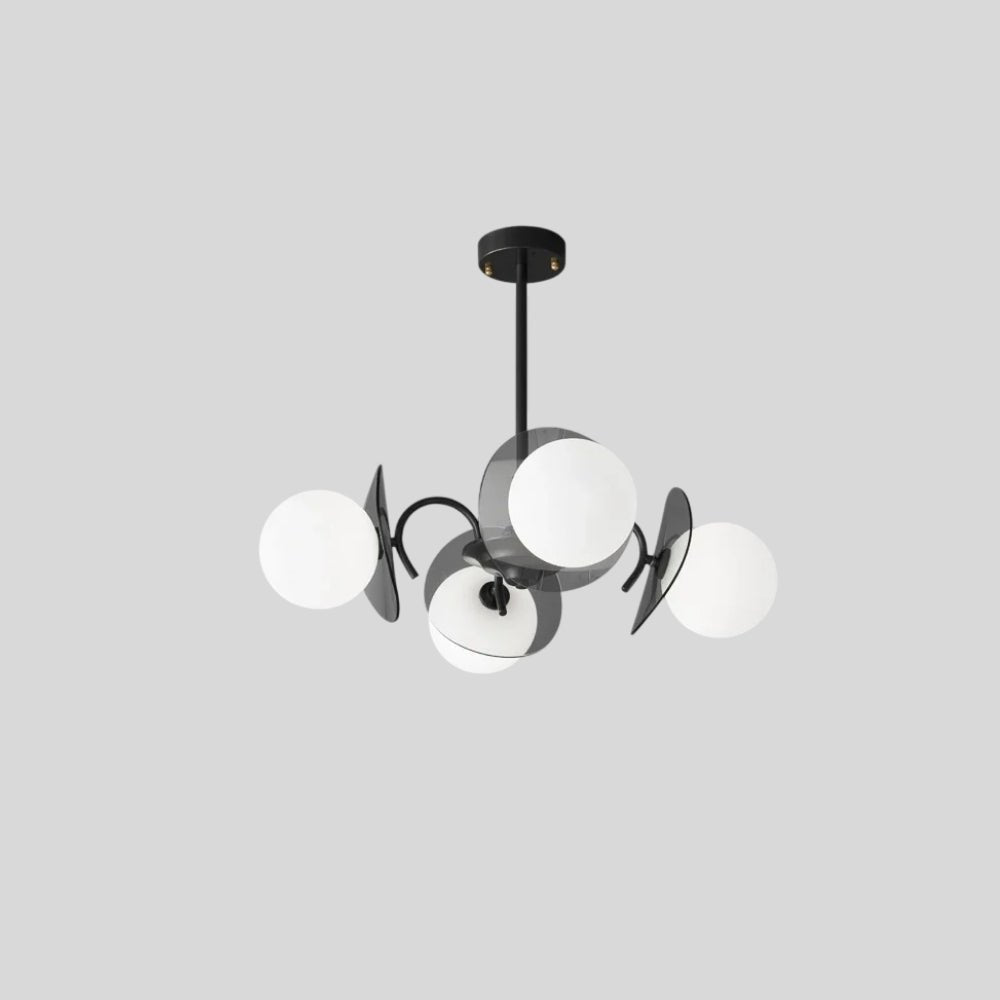 "Copper Dyana chandelier with frosted glass globes, isolated on a light grey background."
