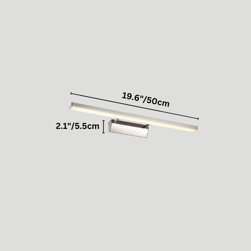 "A modern, minimalist LED wall lamp with a polished stainless steel body, shown with dimensions of 19.6 inches in length and 2.1 inches in width."