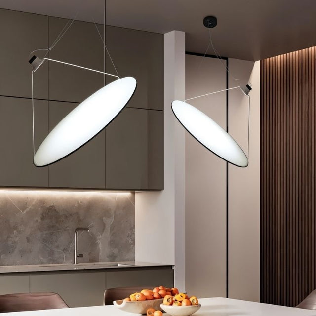 "Two disc-shaped pendant lights with adjustable suspension, illuminating a modern dining area with directional light."