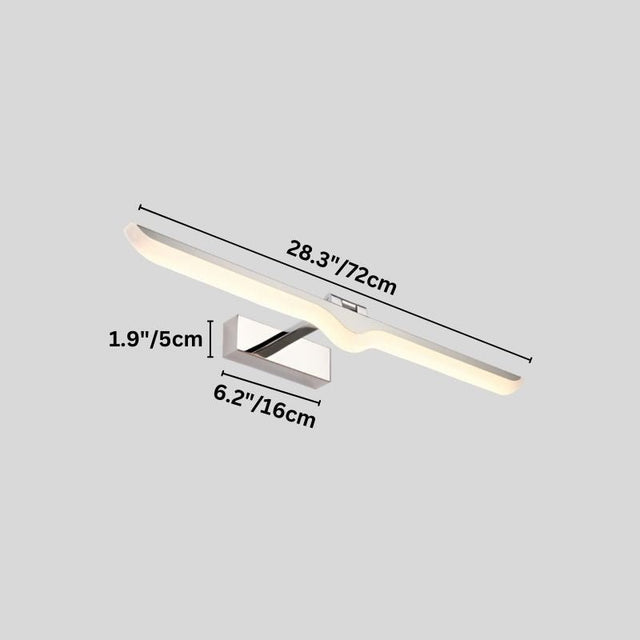 "A diagram showing the dimensions of a 28.3 inch (72cm) LED vanity light, including length, width, and depth in inches and centimeters."