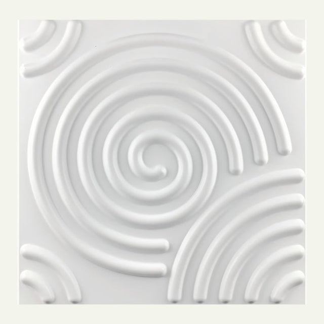 Close-up of Egena Wall Panel in white PVC, featuring embossed spiral patterns ideal for stylish interior wall applications.