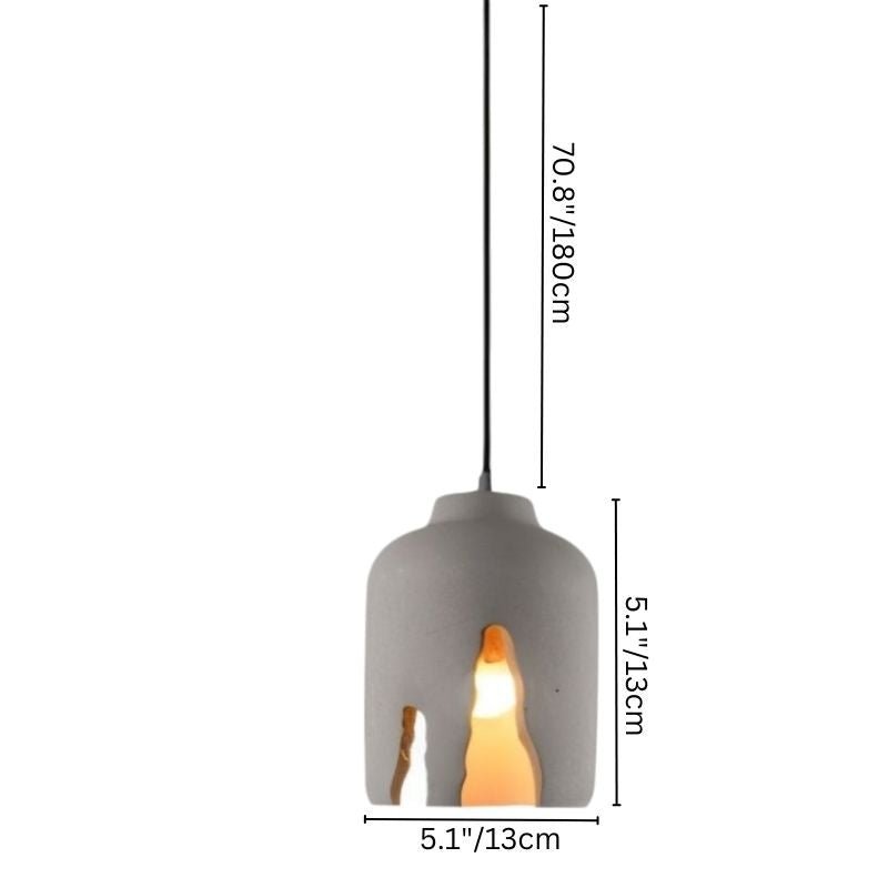 "Concrete pendant light with sculptural cutouts, displaying dimensions of height, width, and cord length"