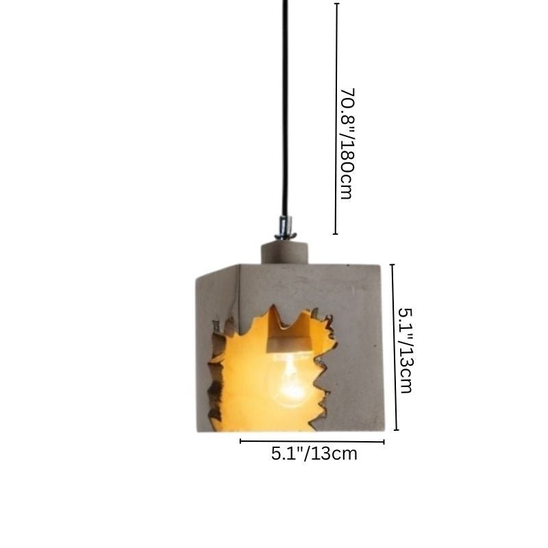"Concrete pendant light with jagged cutouts, showcasing dimensions for height, width, and cord length"