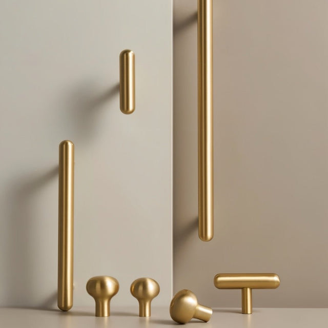 "Set of modern minimalist brushed brass knobs and pull bars for kitchen, bathroom, or bedroom cabinets."
