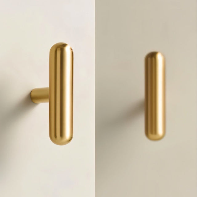 "Modern minimalist brushed brass knob and pull bar set for contemporary cabinets and drawers."