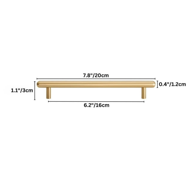 "Modern minimalist brushed brass pull bar for cabinets, 7.8 inches or 20 centimeters long, with labeled dimensions."