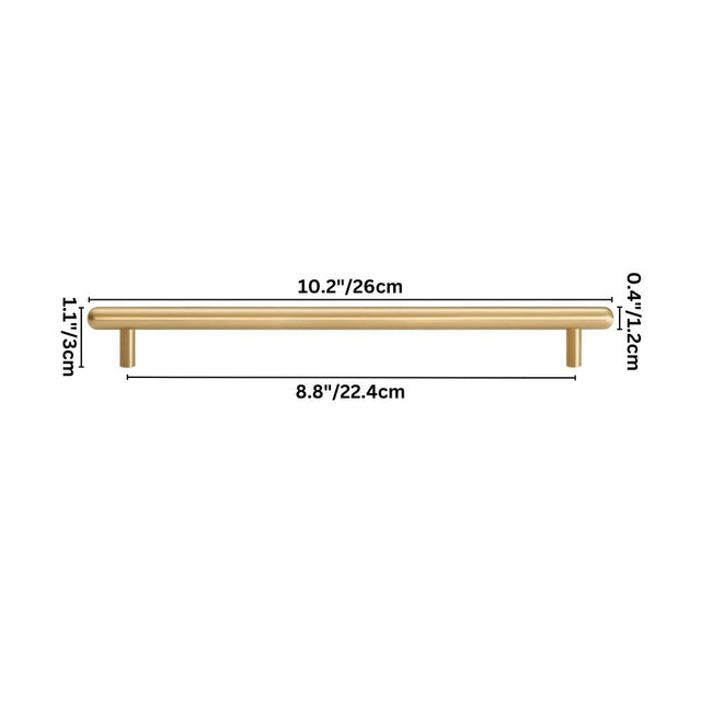 "Modern minimalist brushed brass pull bar for cabinets, 10.2 inches or 26 centimeters long, with labeled dimensions."
