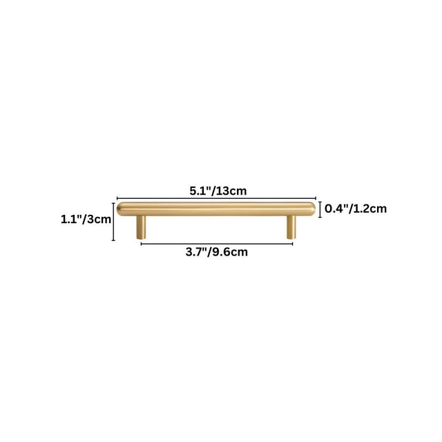 "Detailed dimensions of a minimalist brushed brass pull bar with smooth, rounded edges for modern cabinets."