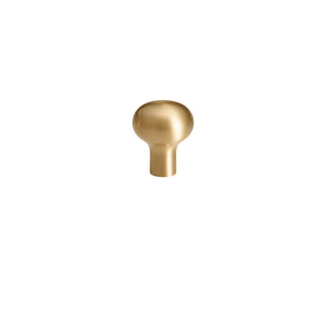 "Round brushed brass cabinet knob with a modern minimalist design."