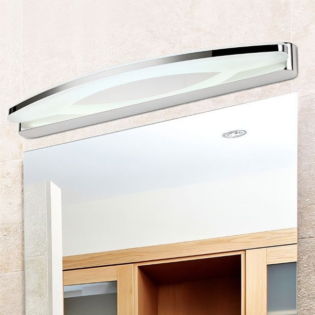 "A stainless steel LED vanity light mounted above a bathroom cabinet with a mirror and wooden doors."