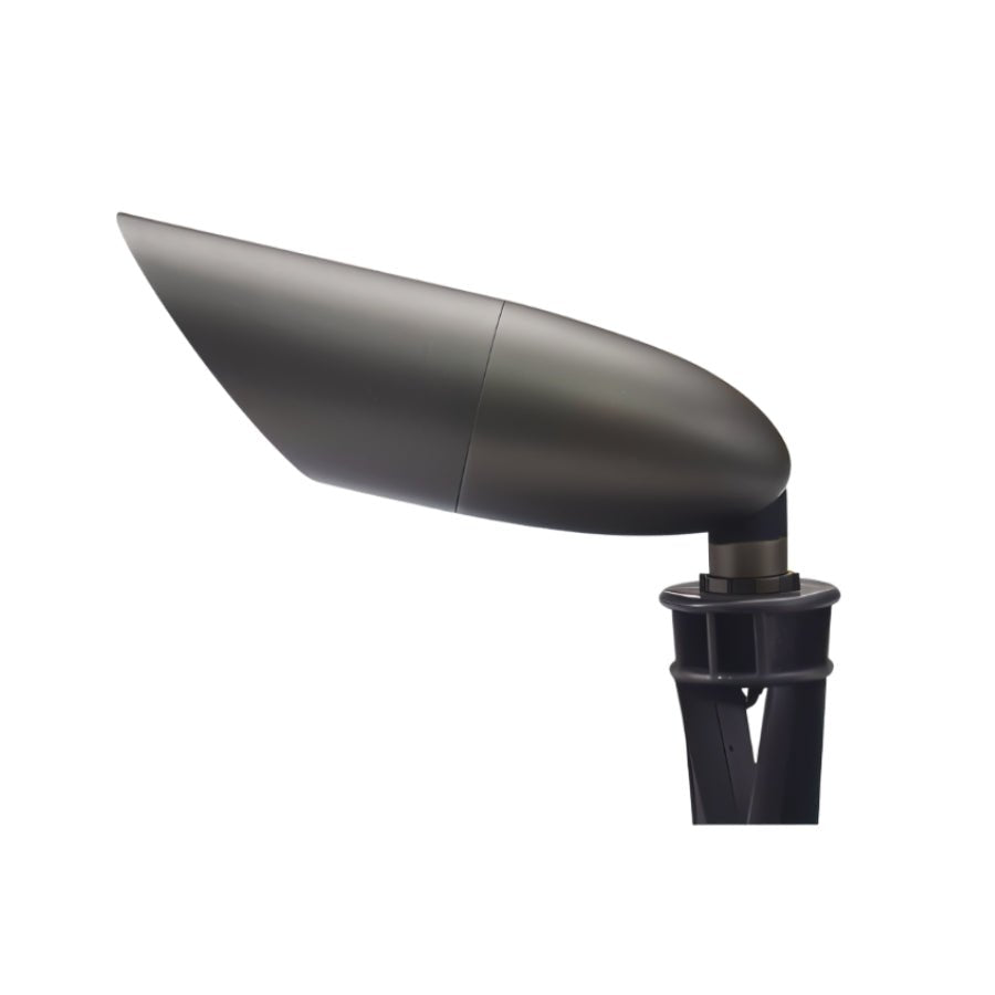 "Die-cast brass outdoor spotlight with dark bronze finish and adjustable head."