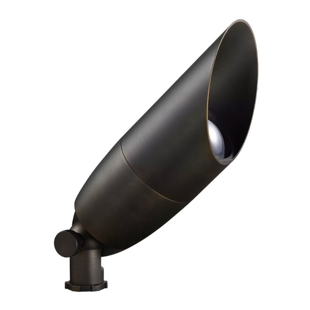 "Die-cast brass outdoor spotlight with dark bronze finish and adjustable head, isolated on white background."