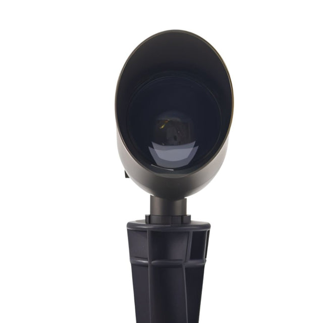"Front view of a die-cast brass outdoor spotlight with adjustable head."