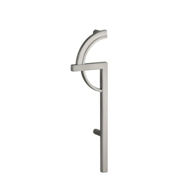 "A silver geometric pull bar handle on a white background."