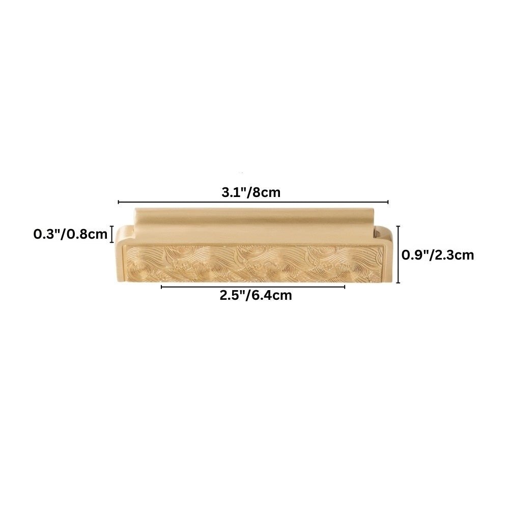 "Dimensions of a patterned textured gold Erdas pull bar handle."