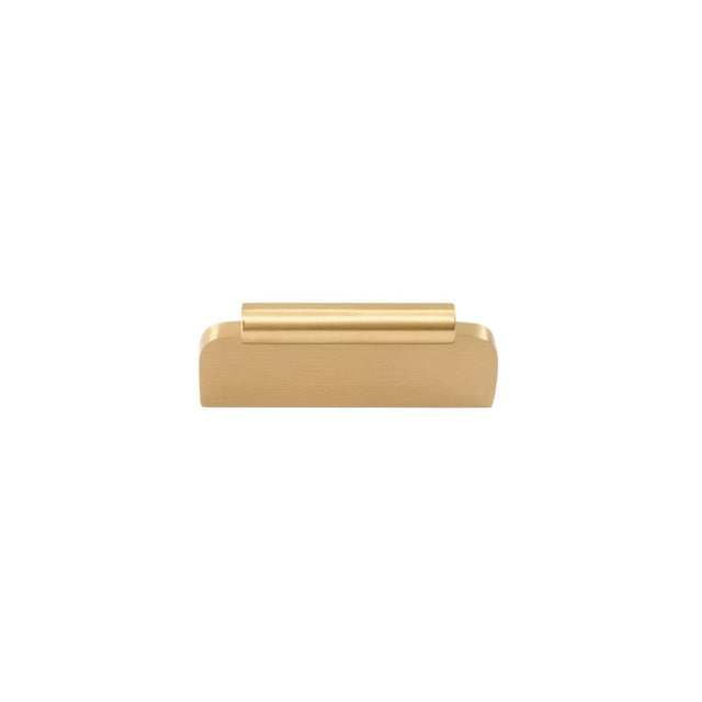 "A modern brass Erdas pull bar handle on a white background."