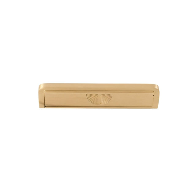 "A textured brass Erdas pull bar handle for drawers on a white background."