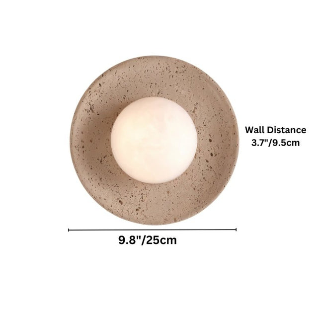 "Dimensions of a minimalist flush mount light with a round travertine base and frosted globe: 9.8 inches in diameter and 3.7 inches in depth."