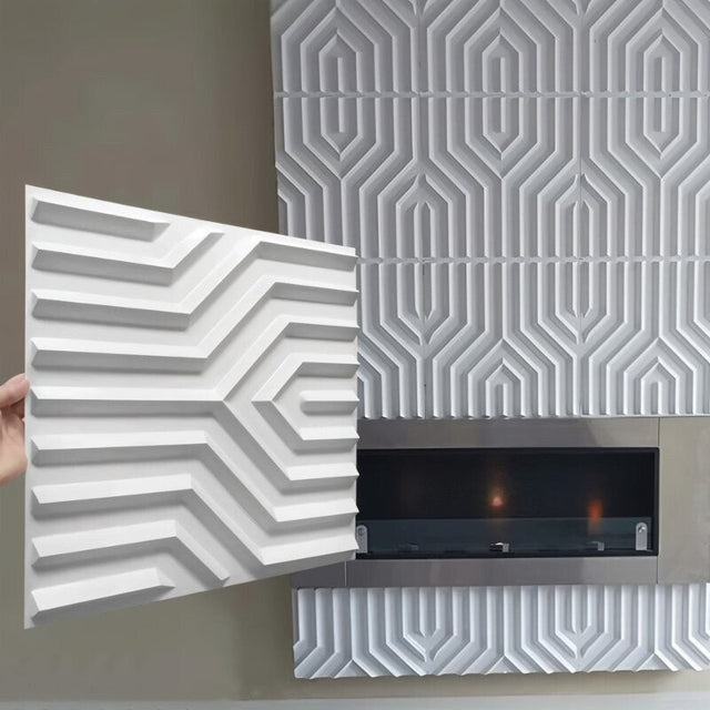 White Erial PVC Wall Panels being installed around a fireplace, demonstrating lightweight, moisture-resistant DIY wall decor.