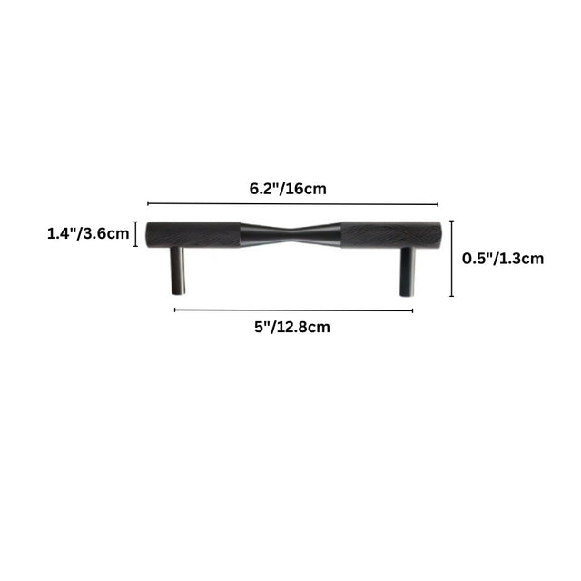 "Dimensions of a black brass pull bar: 6.2 inches (16 cm) length, 1.4 inches (3.6 cm) height, 0.5 inches (1.3 cm) thickness, and 5 inches (12.8 cm) center-to-center."