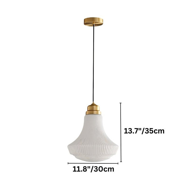 "Dimensions of a retro pendant light with a bell-shaped, striped glass shade: 13.7 inches in height and 11.8 inches in width."