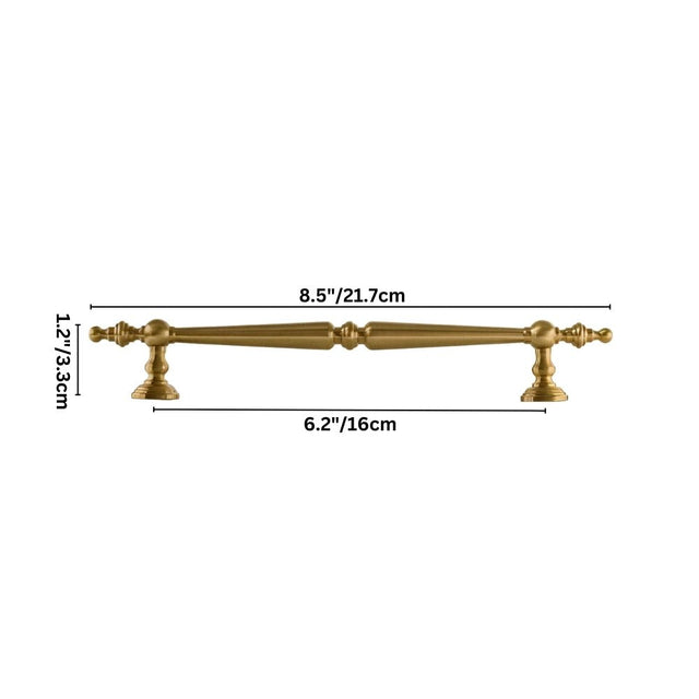 "Dimensions diagram of a brass pull bar with a tapered silhouette and classical details, showing measurements."