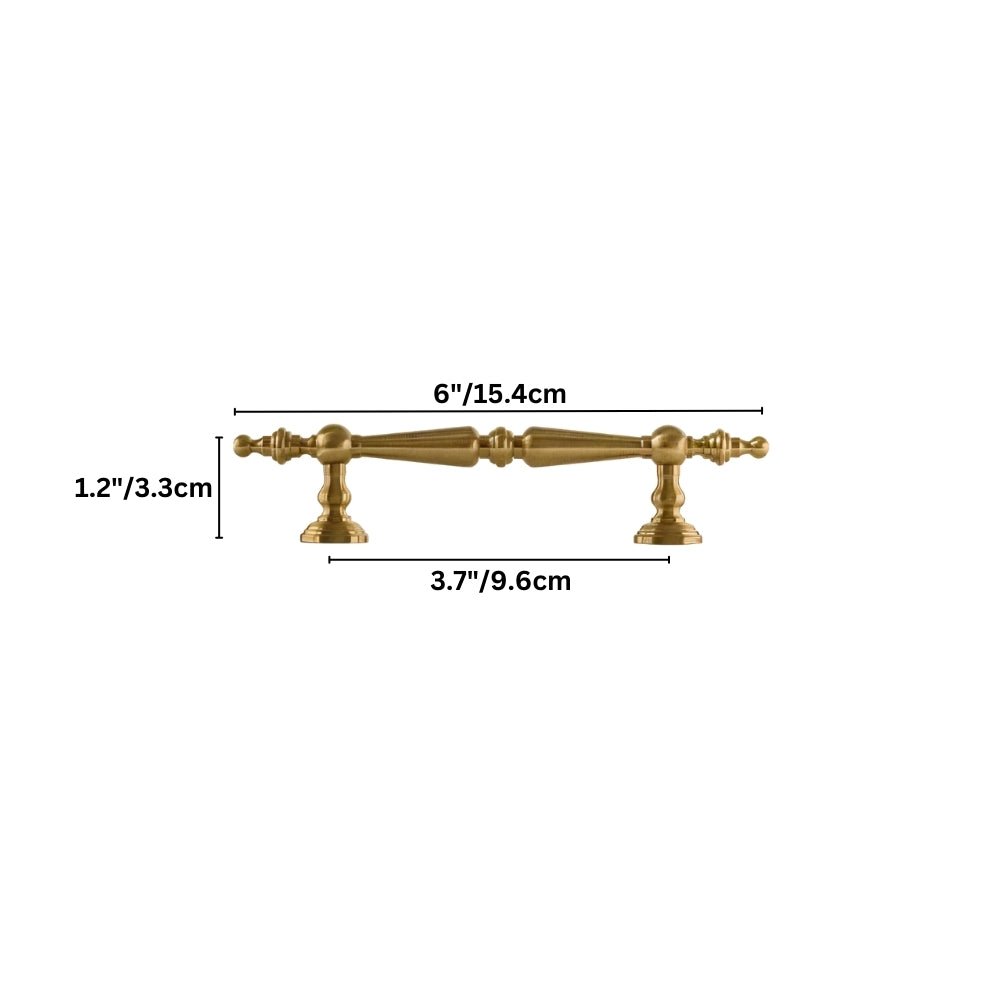 "Dimensions diagram of a brass pull bar handle with a tapered silhouette and classical details, showing measurements."